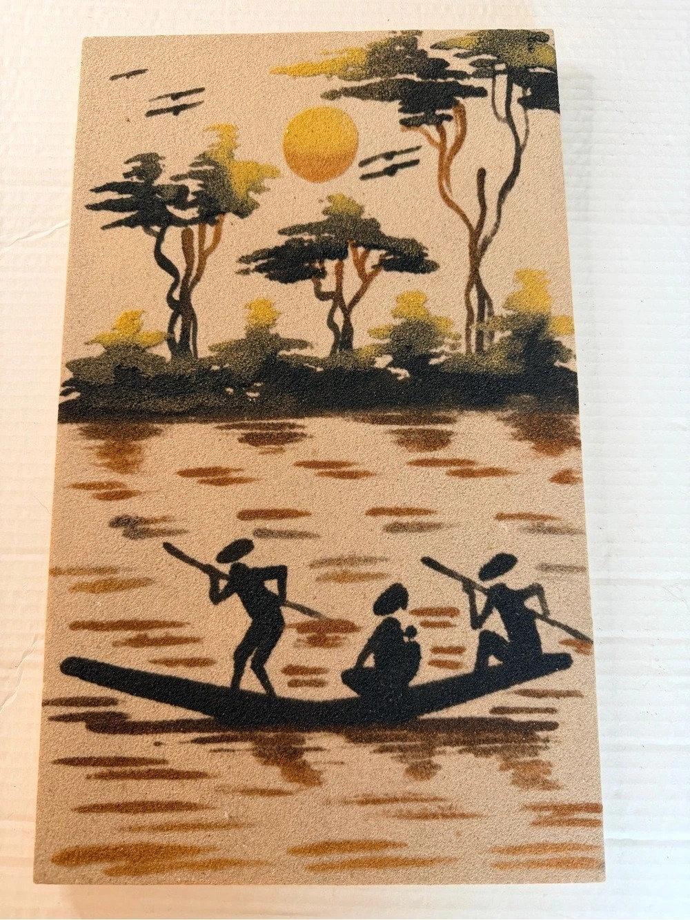 Vintage Senegalese Sand Art Painting Wood Dakar Senegal 2017 African Boat Pirogu